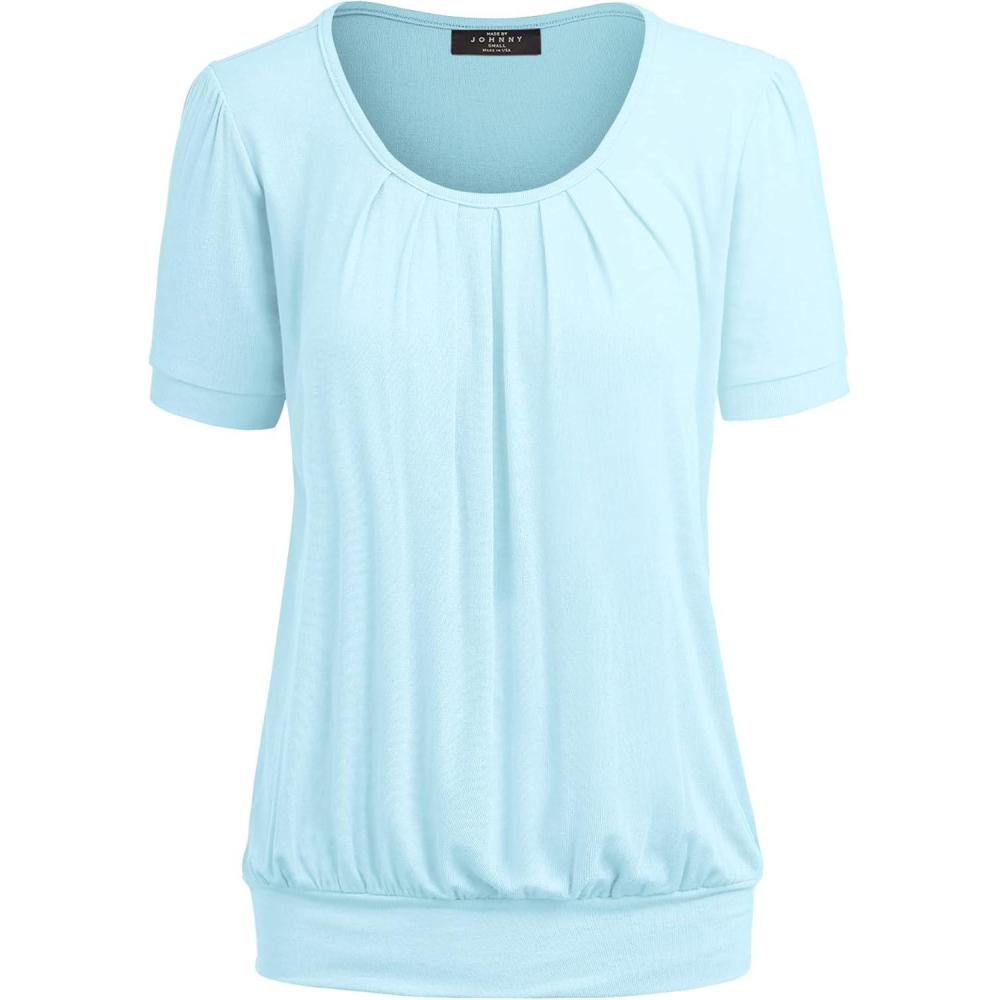 imageMade By Johnny Womens Scoop Neck Short Sleeve Pleated Front Blouse Tunic Top Plus SizeWt1175aqua