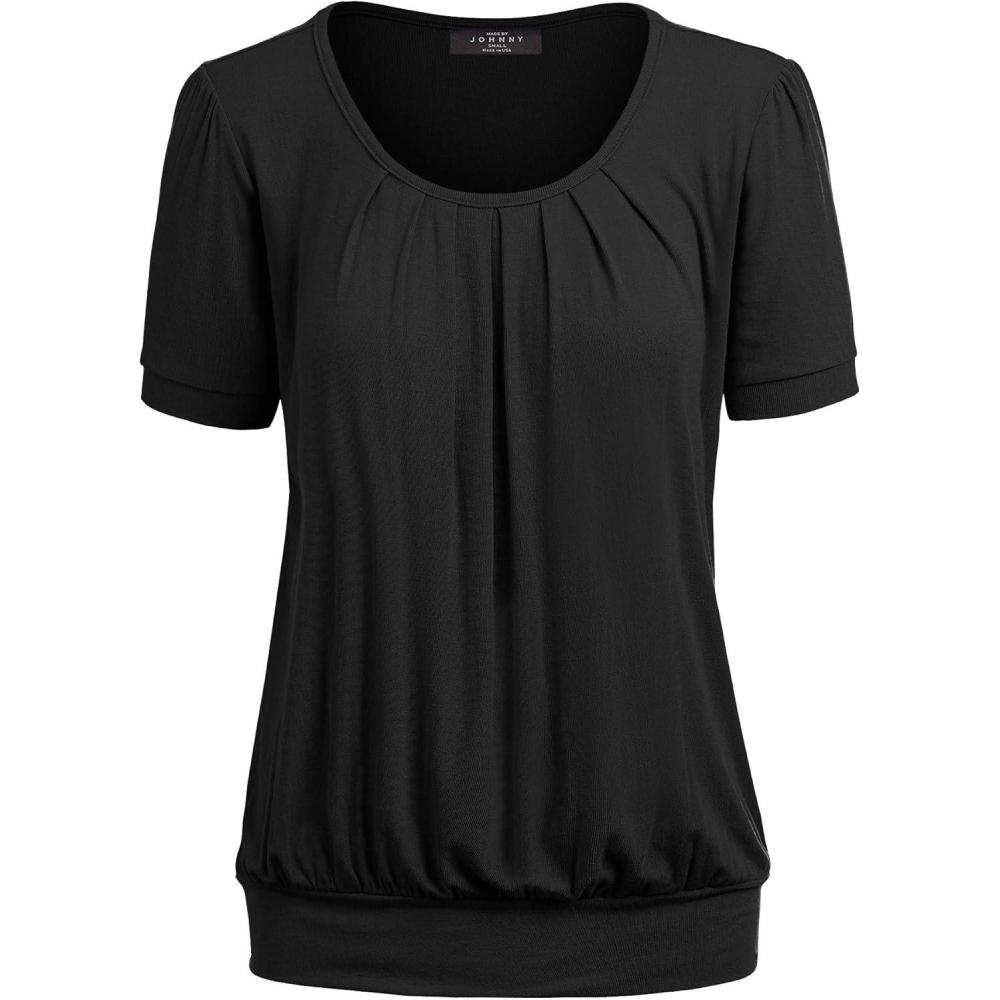 imageMade By Johnny Womens Scoop Neck Short Sleeve Pleated Front Blouse Tunic Top Plus SizeWt1175black