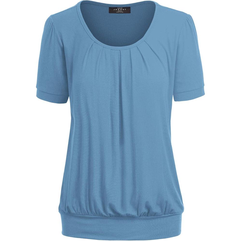 imageMade By Johnny Womens Scoop Neck Short Sleeve Pleated Front Blouse Tunic Top Plus SizeWt1175denim