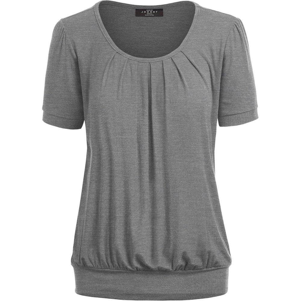 imageMade By Johnny Womens Scoop Neck Short Sleeve Pleated Front Blouse Tunic Top Plus SizeWt1175heatherdarkgrey