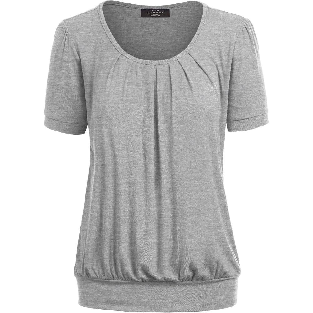 imageMade By Johnny Womens Scoop Neck Short Sleeve Pleated Front Blouse Tunic Top Plus SizeWt1175heathergrey