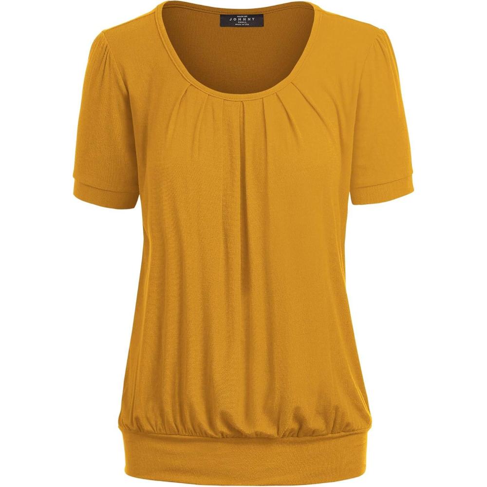 imageMade By Johnny Womens Scoop Neck Short Sleeve Pleated Front Blouse Tunic Top Plus SizeWt1175mustard