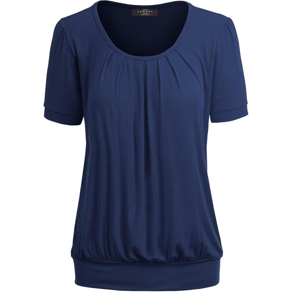 imageMade By Johnny Womens Scoop Neck Short Sleeve Pleated Front Blouse Tunic Top Plus SizeWt1175navy