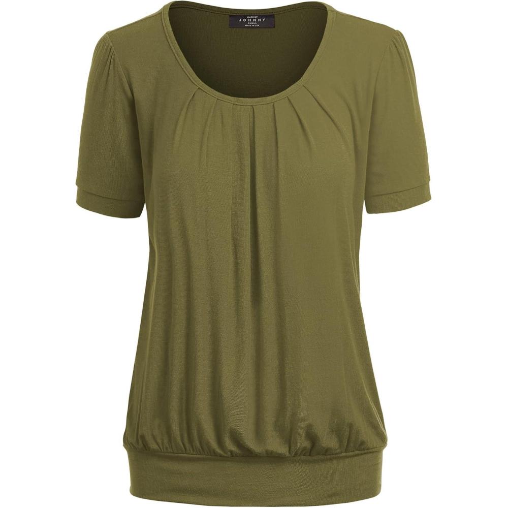imageMade By Johnny Womens Scoop Neck Short Sleeve Pleated Front Blouse Tunic Top Plus SizeWt1175olive
