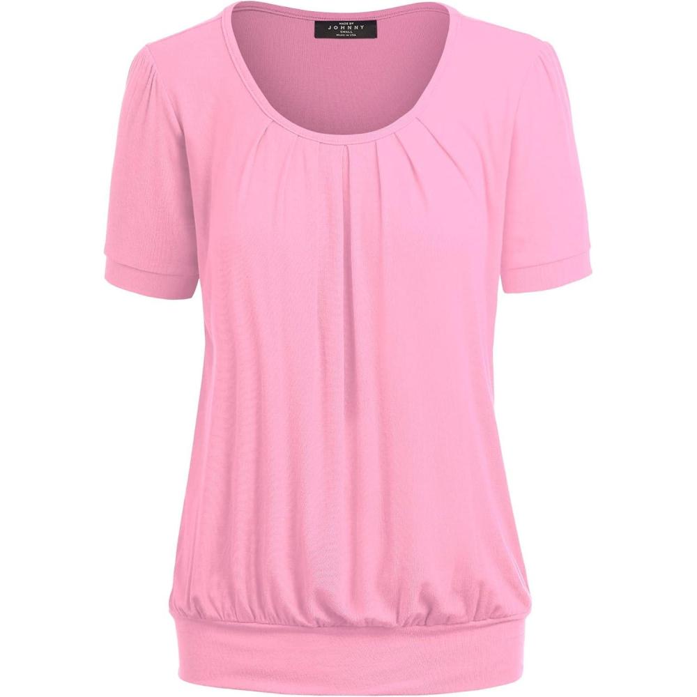 imageMade By Johnny Womens Scoop Neck Short Sleeve Pleated Front Blouse Tunic Top Plus SizeWt1175pink