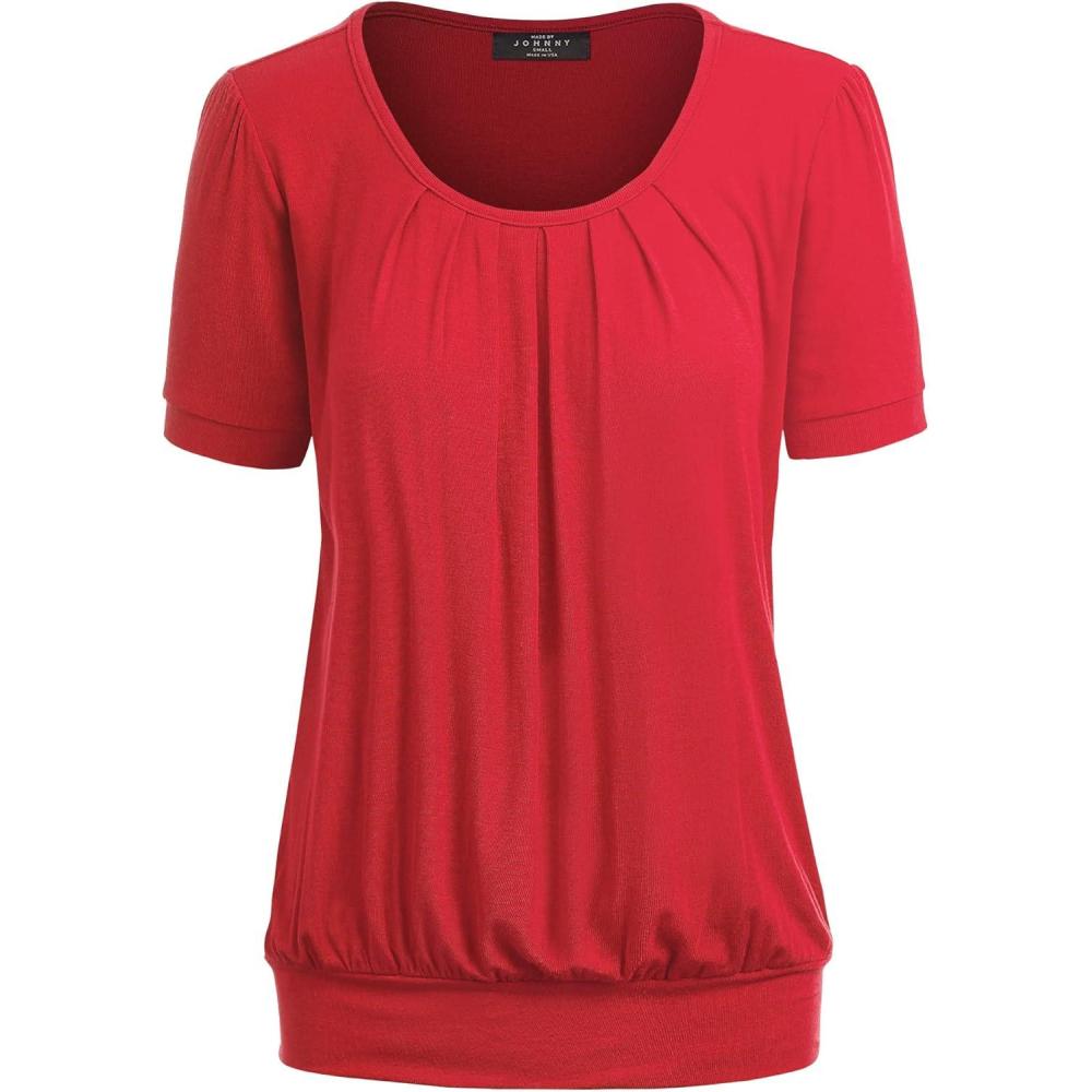 imageMade By Johnny Womens Scoop Neck Short Sleeve Pleated Front Blouse Tunic Top Plus SizeWt1175red