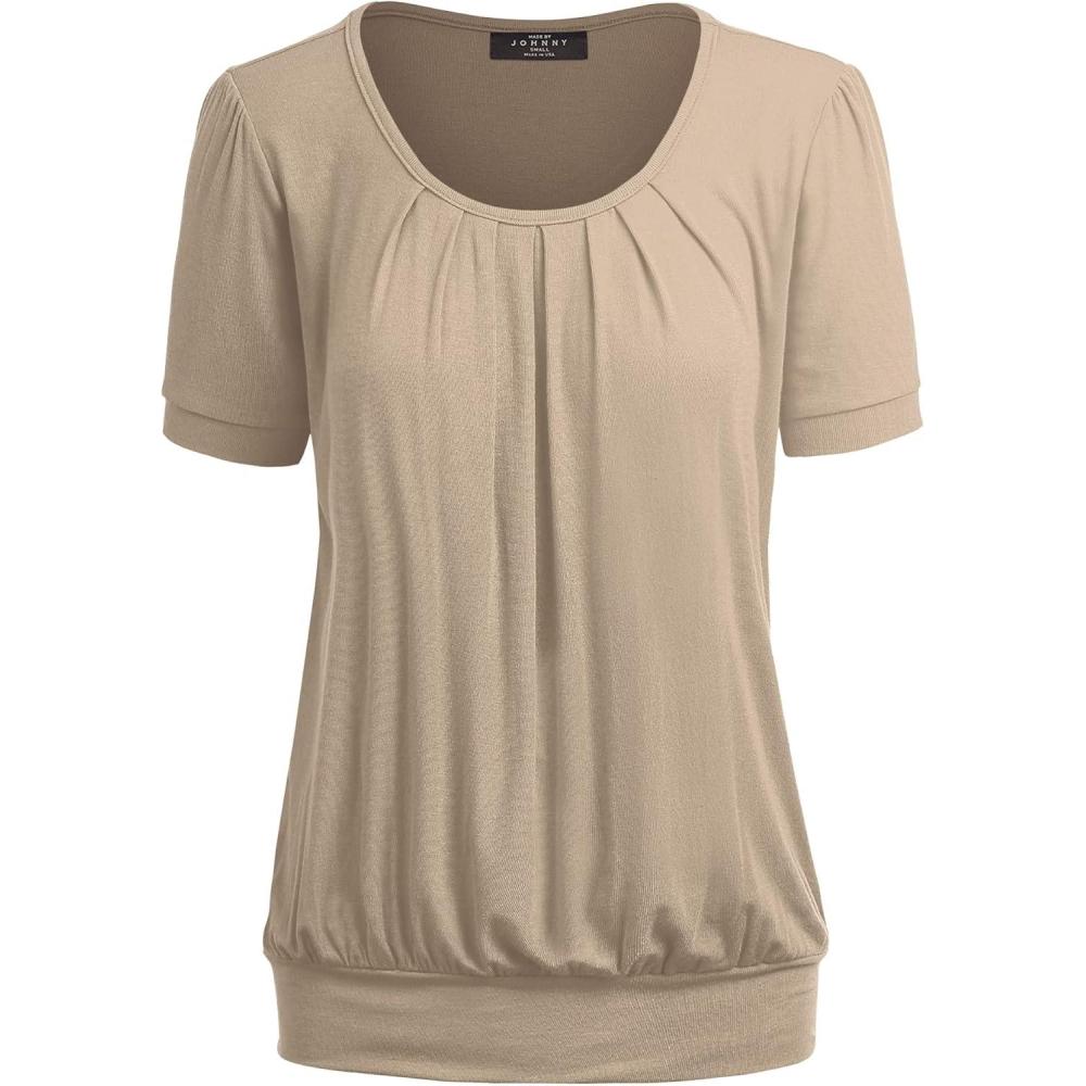 imageMade By Johnny Womens Scoop Neck Short Sleeve Pleated Front Blouse Tunic Top Plus SizeWt1175taupe