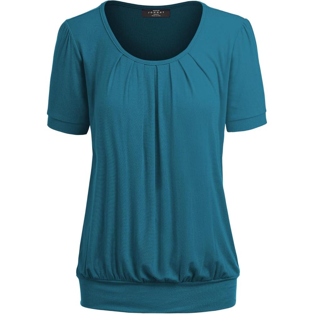 imageMade By Johnny Womens Scoop Neck Short Sleeve Pleated Front Blouse Tunic Top Plus SizeWt1175teal
