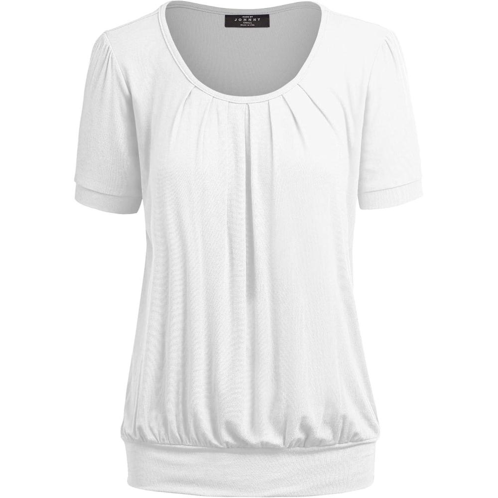 imageMade By Johnny Womens Scoop Neck Short Sleeve Pleated Front Blouse Tunic Top Plus SizeWt1175white