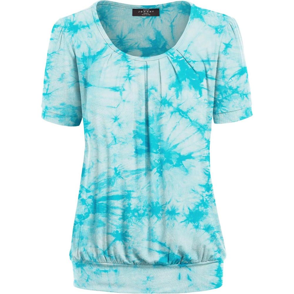 imageMade By Johnny Womens Scoop Neck Short Sleeve Pleated Front Blouse Tunic Top Plus SizeWt2164aqua