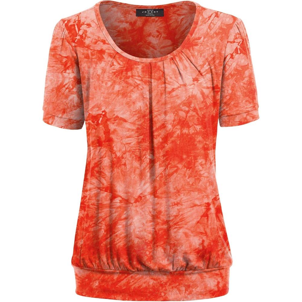 imageMade By Johnny Womens Scoop Neck Short Sleeve Pleated Front Blouse Tunic Top Plus SizeWt2164coral