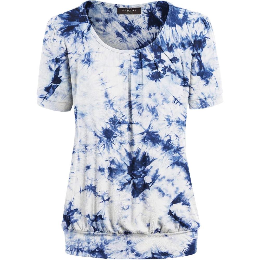imageMade By Johnny Womens Scoop Neck Short Sleeve Pleated Front Blouse Tunic Top Plus SizeWt2164whitenavy