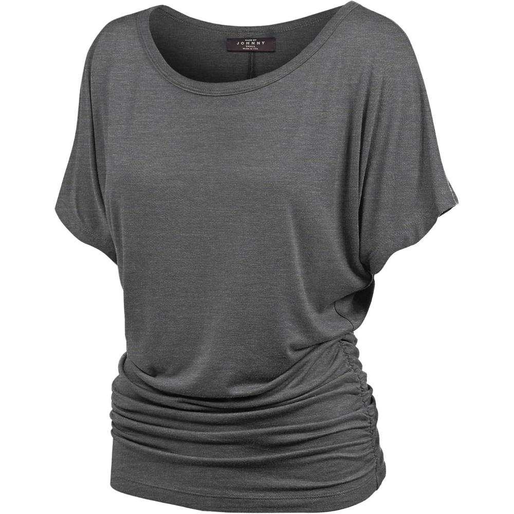 imageMade By Johnny Womens Short Sleeve Dolman Tunic Top Soft Stretch Knit with Side Shirring Casual or Work BlouseWt817heathercharcoal