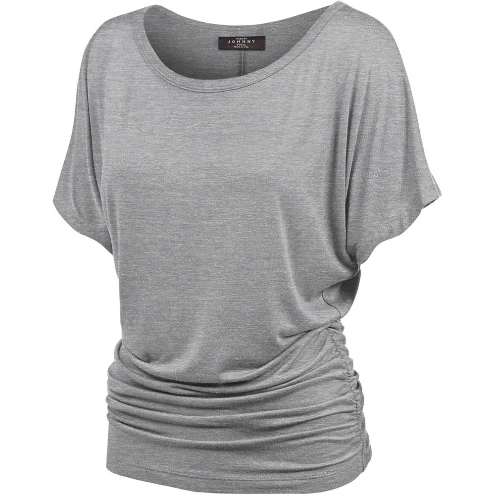 imageMade By Johnny Womens Short Sleeve Dolman Tunic Top Soft Stretch Knit with Side Shirring Casual or Work BlouseWt817heathergrey