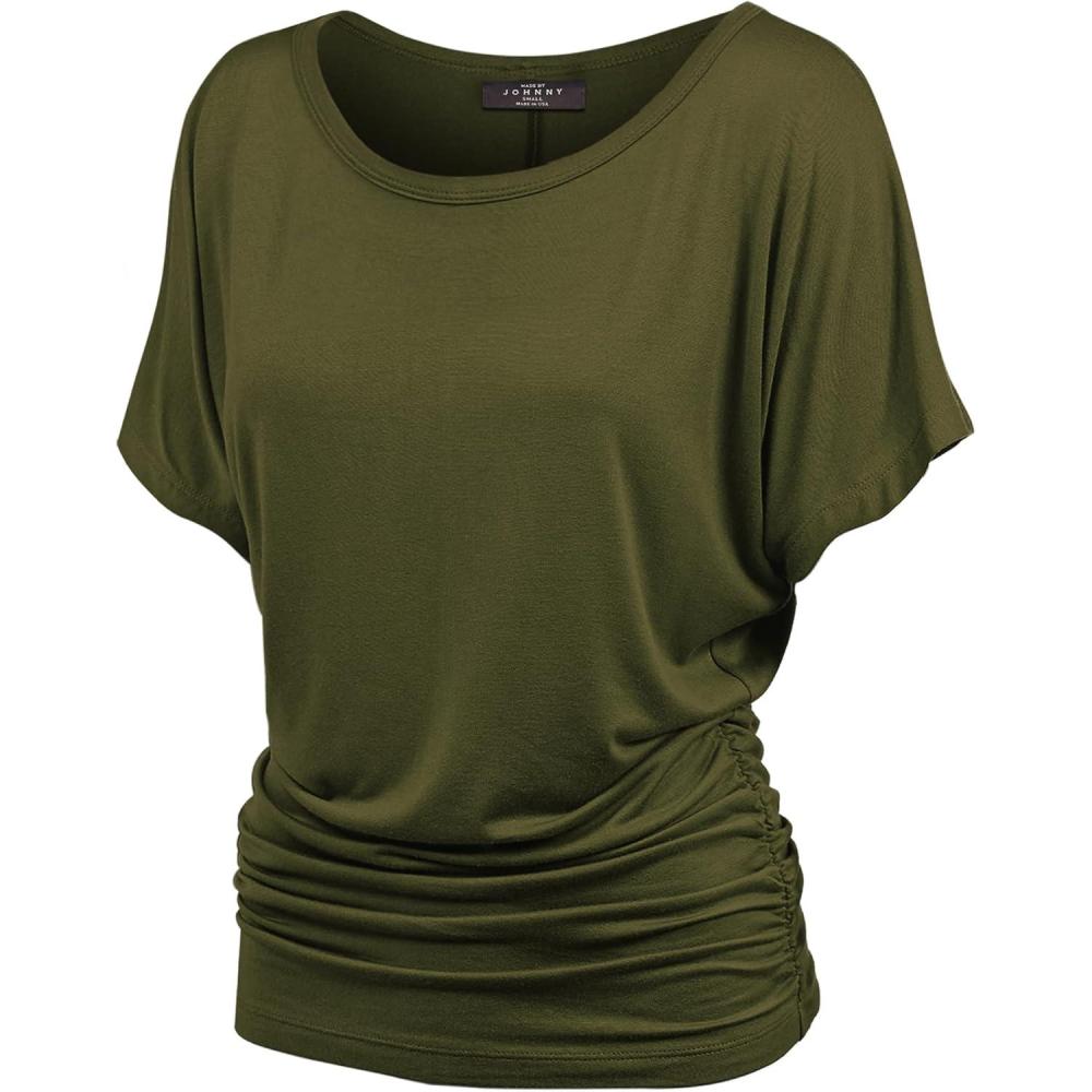 imageMade By Johnny Womens Short Sleeve Dolman Tunic Top Soft Stretch Knit with Side Shirring Casual or Work BlouseWt817olive