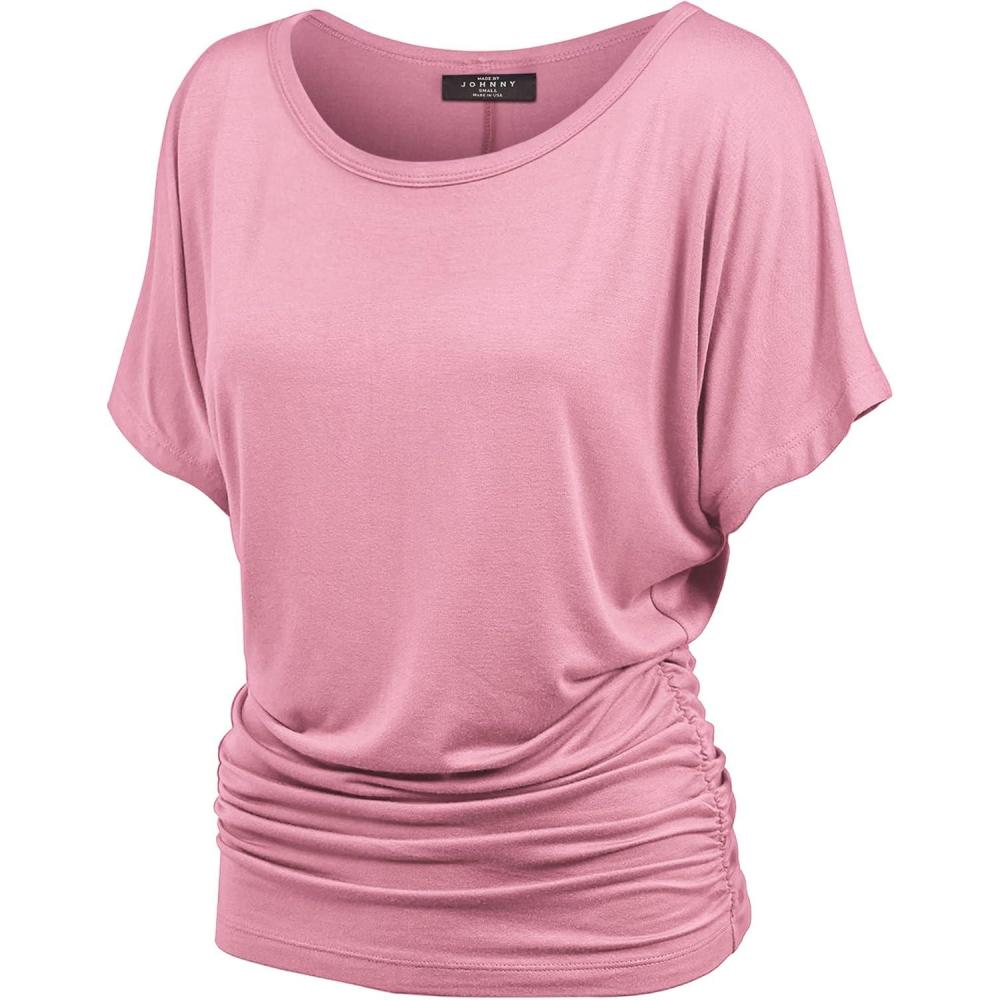 imageMade By Johnny Womens Short Sleeve Dolman Tunic Top Soft Stretch Knit with Side Shirring Casual or Work BlouseWt817pink