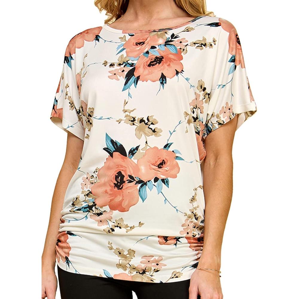 imageMade By Johnny Womens Short Sleeve Dolman Tunic Top Soft Stretch Knit with Side Shirring Casual or Work BlouseWt817whitefloral