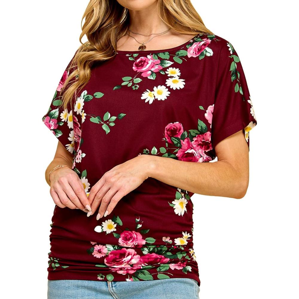 imageMade By Johnny Womens Short Sleeve Dolman Tunic Top Soft Stretch Knit with Side Shirring Casual or Work BlouseWt817winefloral