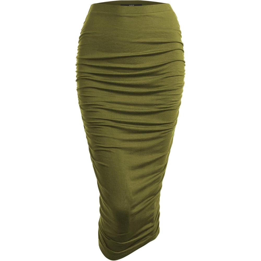 imageMade By Johnny Womens Slim fit Bodycon Party Club Night Out Elegant Ruched High Waist Long Pencil Skirt with Side ShirringWb1147olive