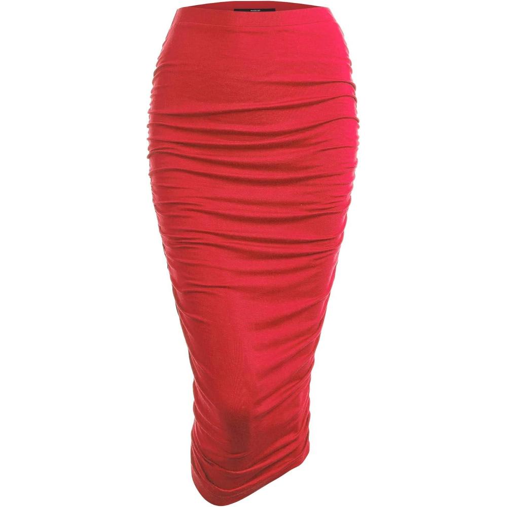 imageMade By Johnny Womens Slim fit Bodycon Party Club Night Out Elegant Ruched High Waist Long Pencil Skirt with Side ShirringWb1147red