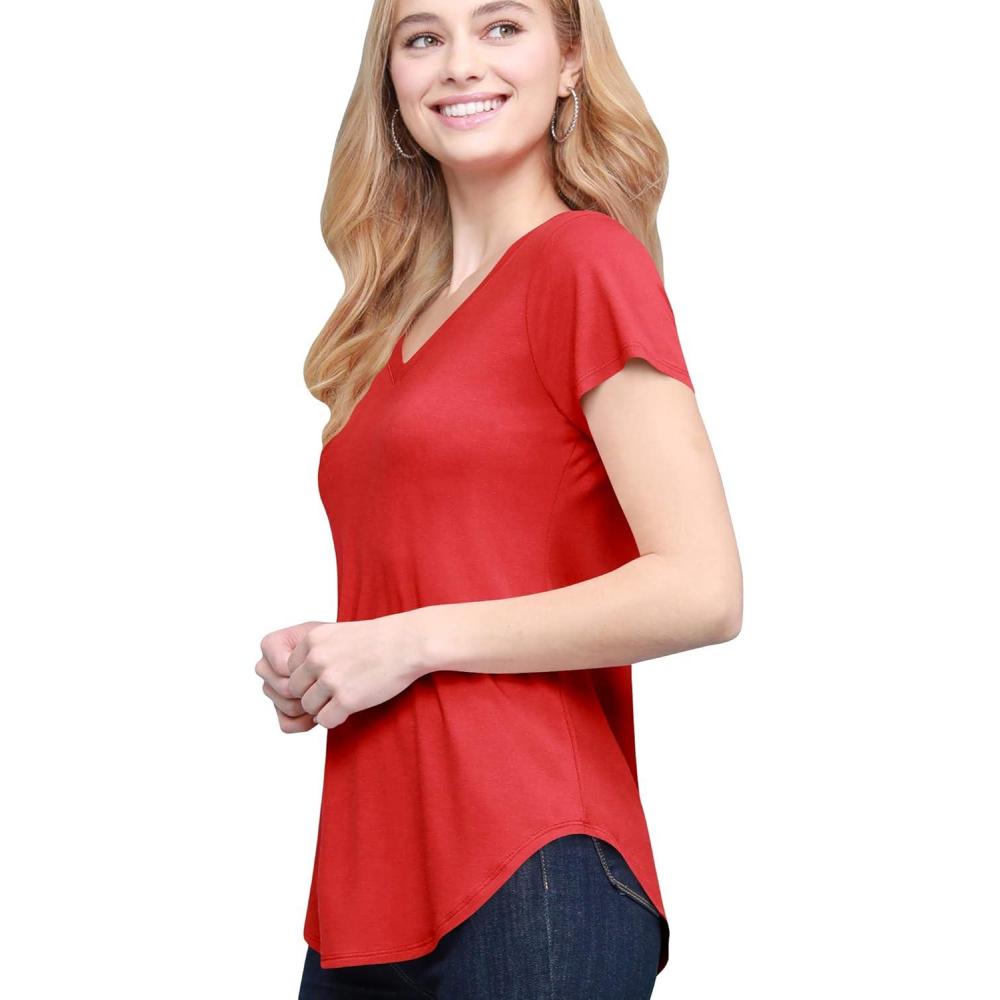 imageMade By Johnny Womens Summer Jersey Short Sleeve VNeck Loose Rounded Bottom Casual TShirtWt2247red