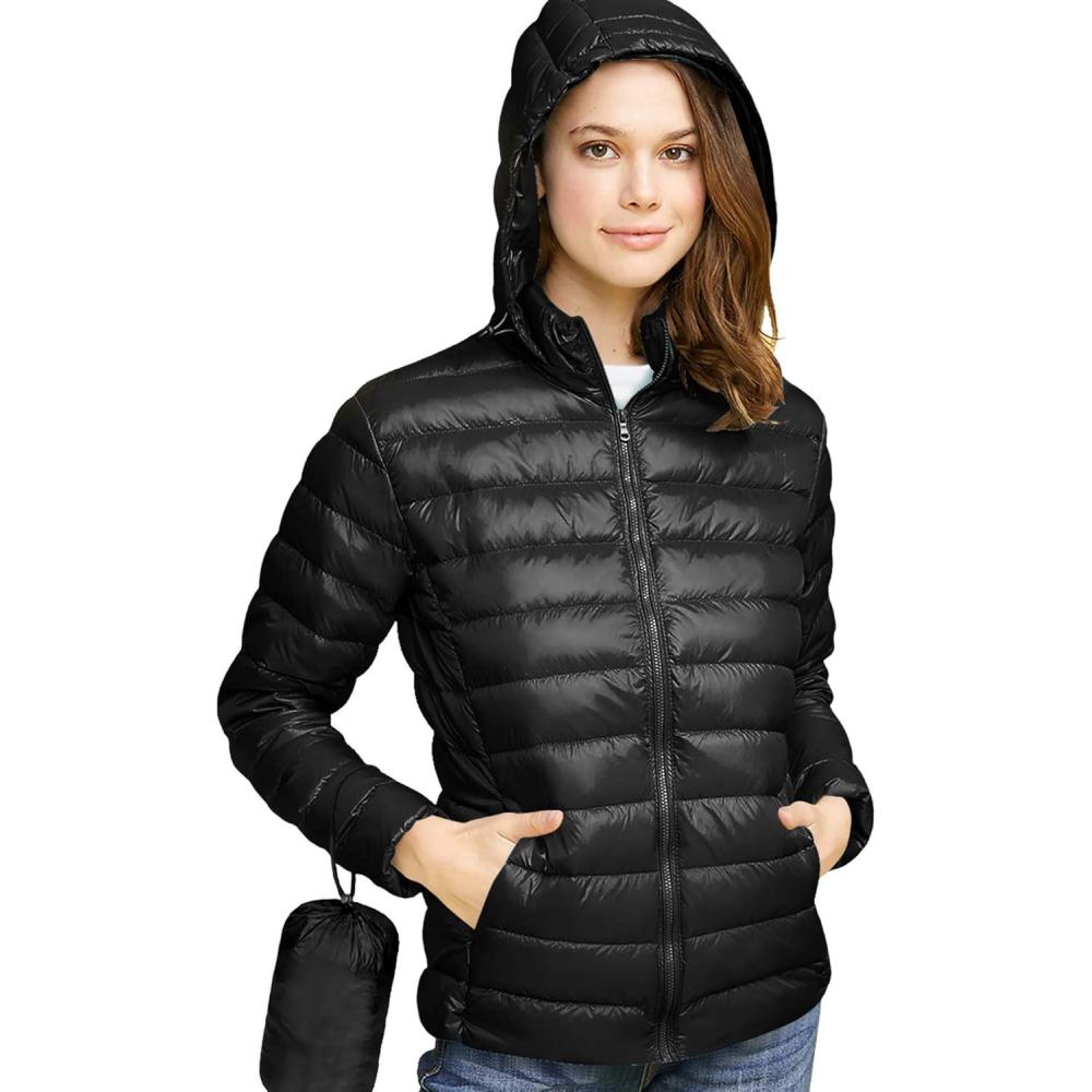 imageMade By Johnny Womens Ultra Light Weight Packable Down Jacket with Removable HoodieWjc2144black