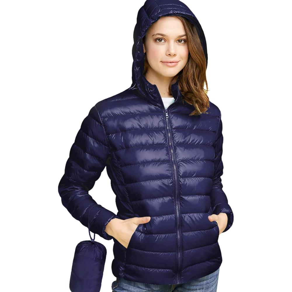 imageMade By Johnny Womens Ultra Light Weight Packable Down Jacket with Removable HoodieWjc2144navy