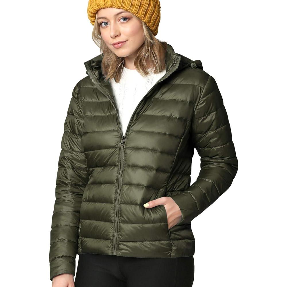 imageMade By Johnny Womens Ultra Light Weight Packable Down Jacket with Removable HoodieWjc2144olive