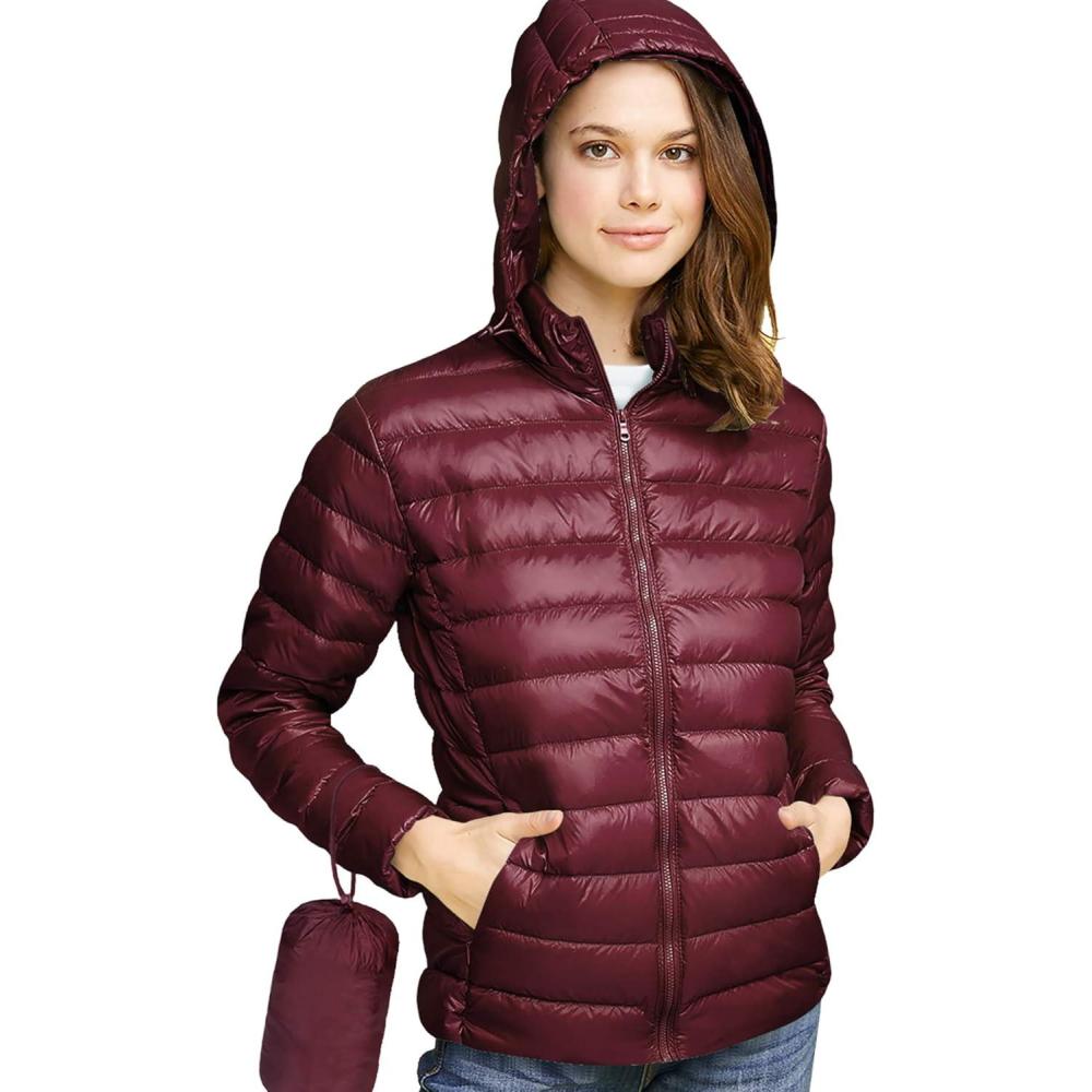 imageMade By Johnny Womens Ultra Light Weight Packable Down Jacket with Removable HoodieWjc2144wine