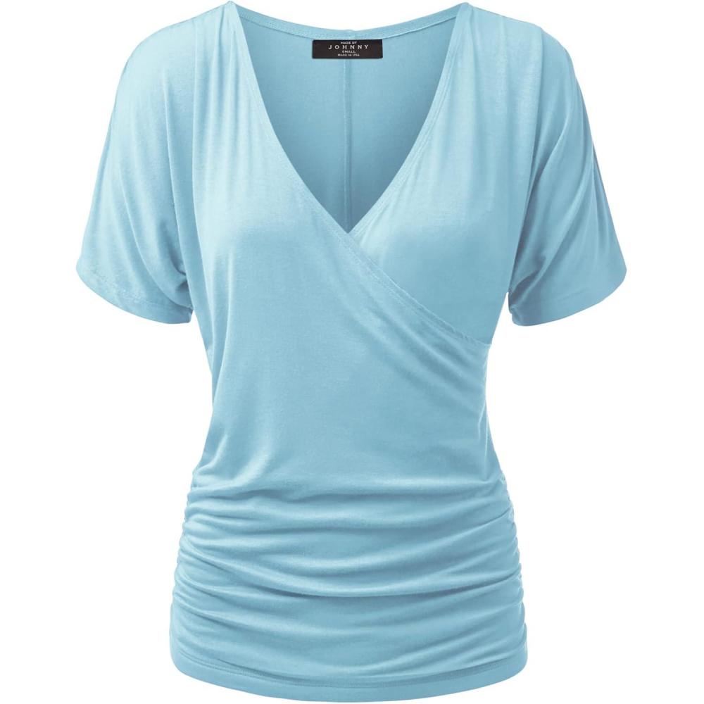 imageMade By Johnny Womens V Neck Short Sleeve Wrap Front Drape Dolman Tunic TopWt1118aqua