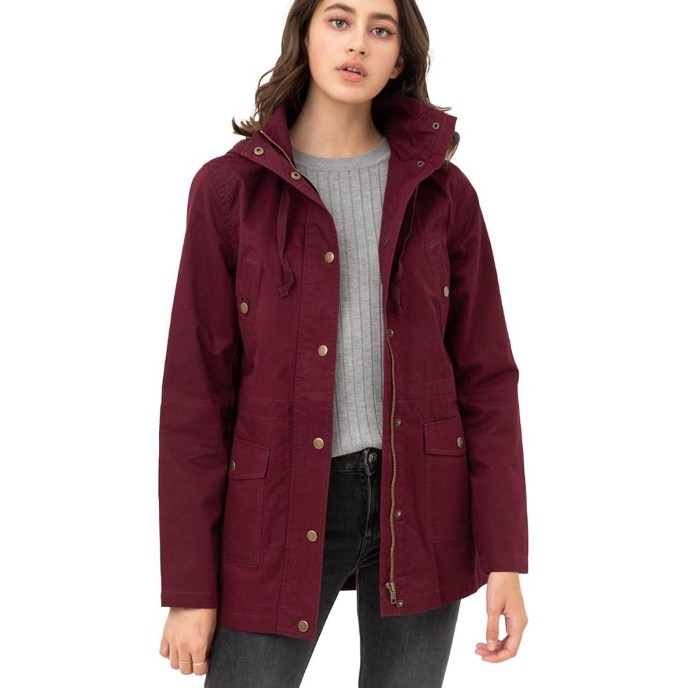imageMade by Johnny Womens Casual Military Anorak Jacket Safari Utility Lightweight Detachable HoodieWjc1845wine
