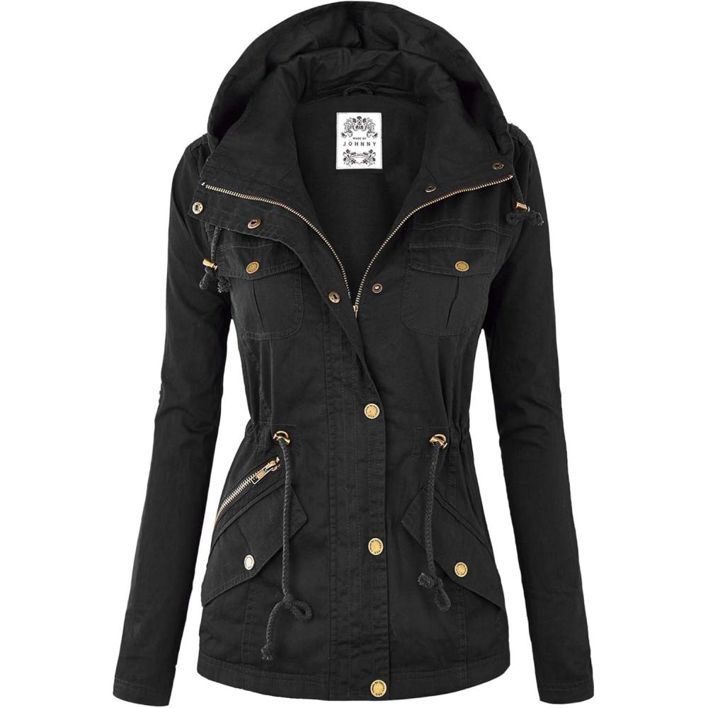 imageMade by Johnny Womens Casual Military Anorak Jacket Safari Utility Lightweight Detachable HoodieWjc643black