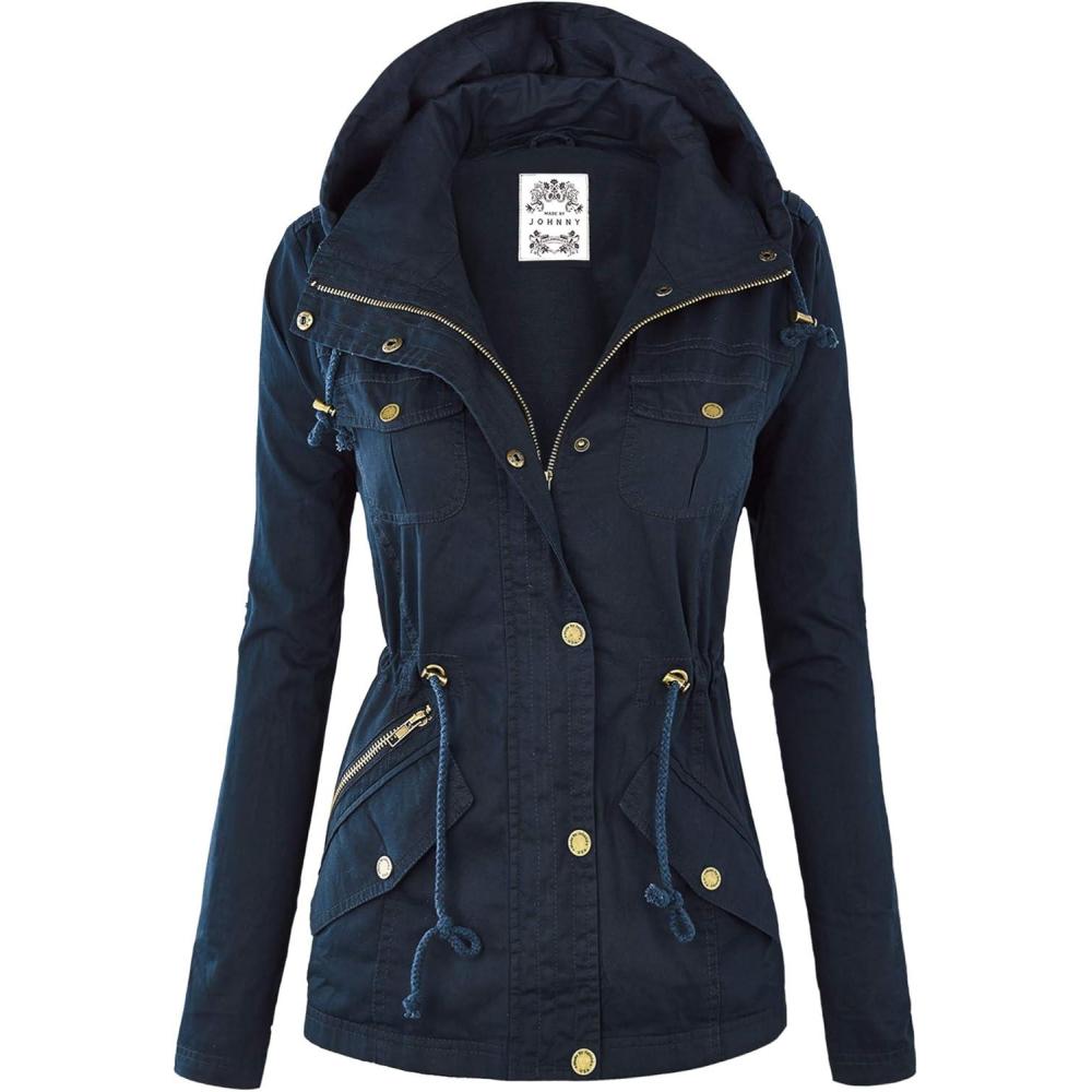 imageMade by Johnny Womens Casual Military Anorak Jacket Safari Utility Lightweight Detachable HoodieWjc643navy