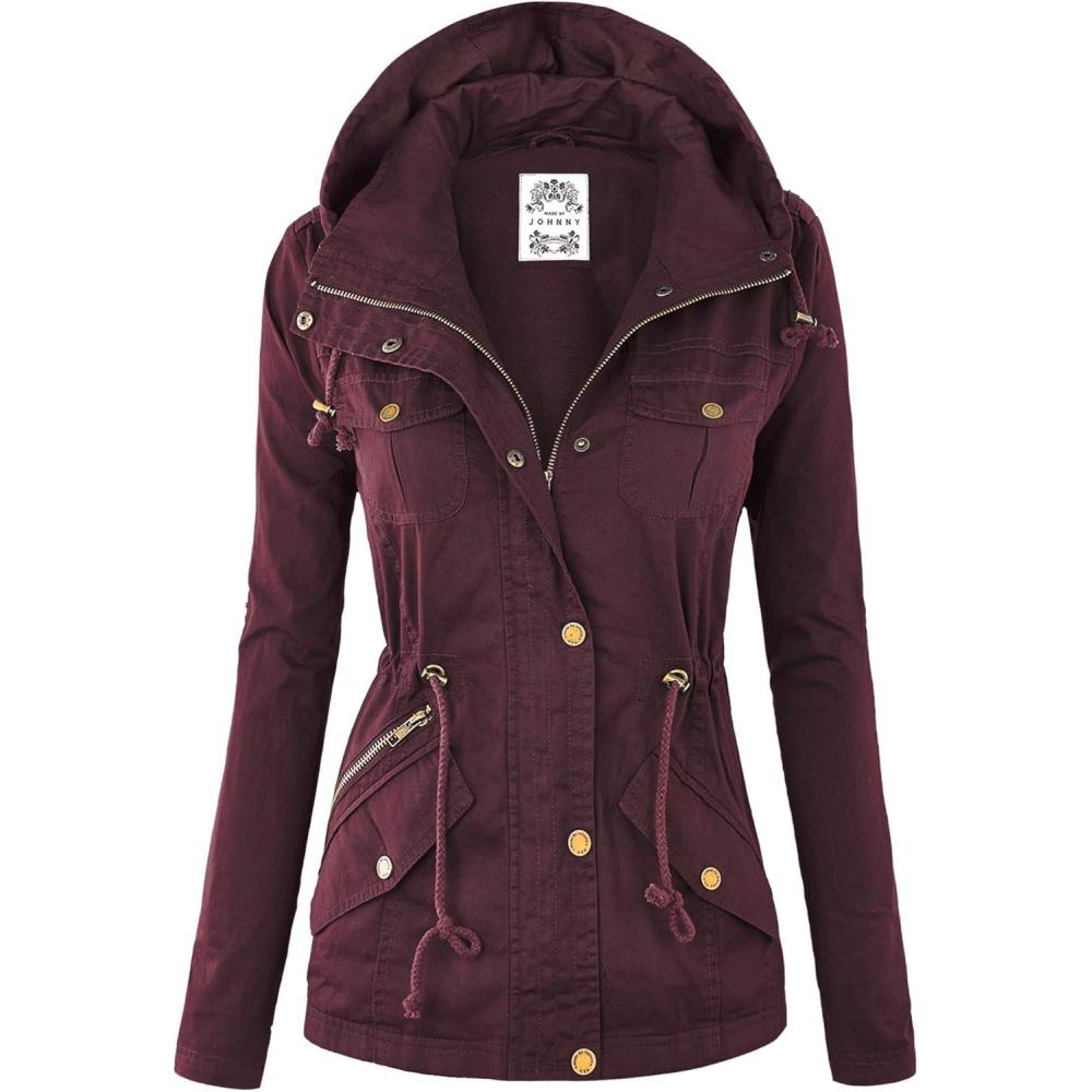 imageMade by Johnny Womens Casual Military Anorak Jacket Safari Utility Lightweight Detachable HoodieWjc643wine