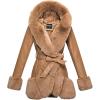 imageGRAN ORIENTE Womens Faux Leather Coat with Faux Fur CollarWinter Warm Belted Mid Length Trim Jacket Fur Lined with HoodA Light Camel