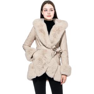 GRAN ORIENTE Women’s Faux Leather Coat with Faux Fur Collar,Winter Warm Belted Mid Length Trim Jacket Fur Lined with Hood(Apricot)
