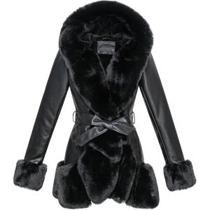 GRAN ORIENTE Women’s Faux Leather Coat with Faux Fur Collar,Winter Warm Belted Mid Length Trim Jacket Fur Lined with Hood(Black)
