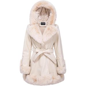 GRAN ORIENTE Women’s Faux Leather Jacket with Faux Fur Collar, Winter Long Sleeve Furry Trim Peplum Parka Coat with Belt(Beige With Hood)