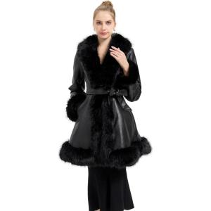 GRAN ORIENTE Women’s Faux Leather Jacket with Faux Fur Collar, Winter Long Sleeve Furry Trim Peplum Parka Coat with Belt(Black Long)