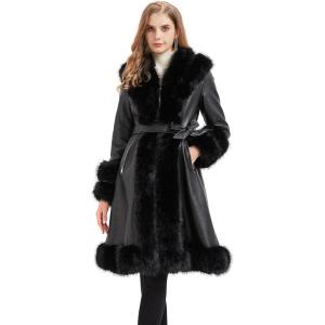 GRAN ORIENTE Women’s Faux Leather Jacket with Faux Fur Collar, Winter Long Sleeve Furry Trim Peplum Parka Coat with Belt(Black Long Zipper)