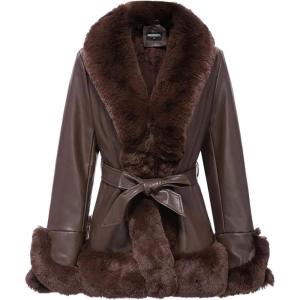 GRAN ORIENTE Women’s Faux Leather Jacket with Faux Fur Collar, Winter Long Sleeve Furry Trim Peplum Parka Coat with Belt(Brown)