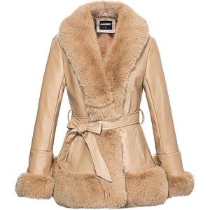 GRAN ORIENTE Women’s Faux Leather Jacket with Faux Fur Collar, Winter Long Sleeve Furry Trim Peplum Parka Coat with Belt(Camel)