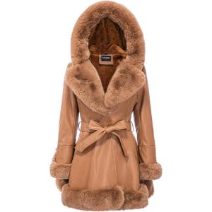 GRAN ORIENTE Women’s Faux Leather Jacket with Faux Fur Collar, Winter Long Sleeve Furry Trim Peplum Parka Coat with Belt(Khaki With Hood)