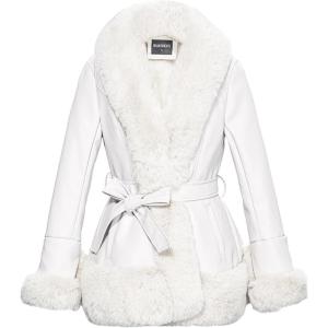 GRAN ORIENTE Women’s Faux Leather Jacket with Faux Fur Collar, Winter Long Sleeve Furry Trim Peplum Parka Coat with Belt(White)