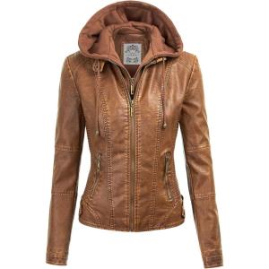Made By Johnny Faux Leather Jacket Women Motorcycle Coat for Biker with Removable Hood(Wjc1044_camel)