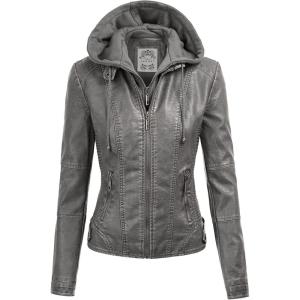 Made By Johnny Faux Leather Jacket Women Motorcycle Coat for Biker with Removable Hood(Wjc1044_grey)