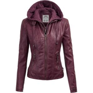 Made By Johnny Faux Leather Jacket Women Motorcycle Coat for Biker with Removable Hood(Wjc1044_wine)