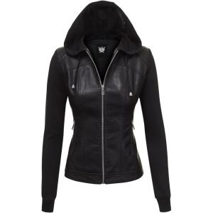 Made By Johnny Faux Leather Jacket Women Motorcycle Coat for Biker with Removable Hood(Wjc1347_black_black)