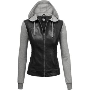 Made By Johnny Faux Leather Jacket Women Motorcycle Coat for Biker with Removable Hood(Wjc1347_black_h.grey)