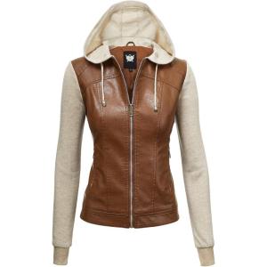 Made By Johnny Faux Leather Jacket Women Motorcycle Coat for Biker with Removable Hood(Wjc1347_camel_oatmeal)